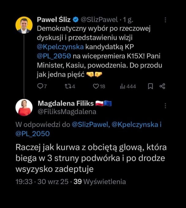 Wulgarny wpis Magdaleny Filiks wywołuje burzę w koalicji